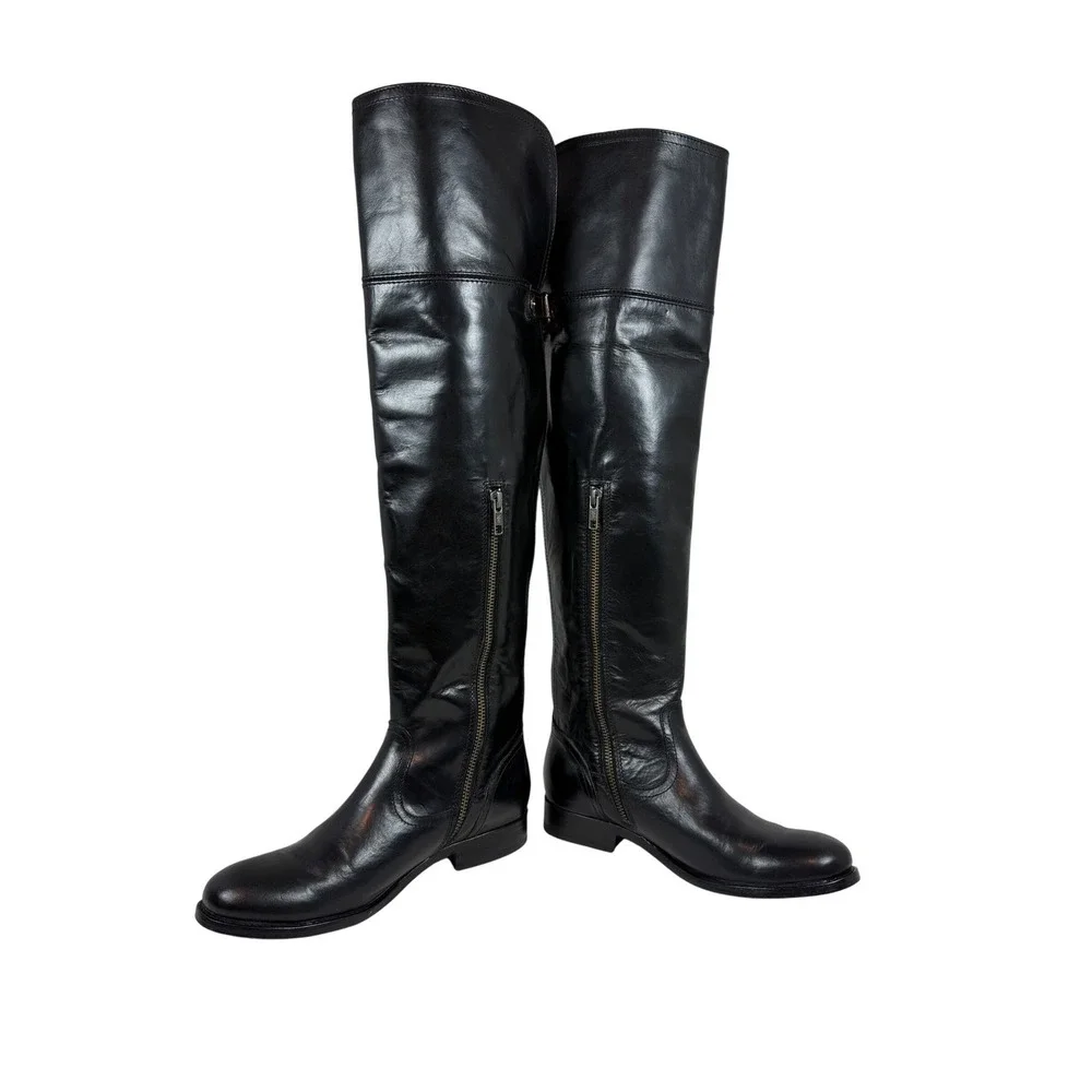 FRYE Melissa Over The Knee Leather Riding Boots, Harness Buckle, Black, Size 6.5